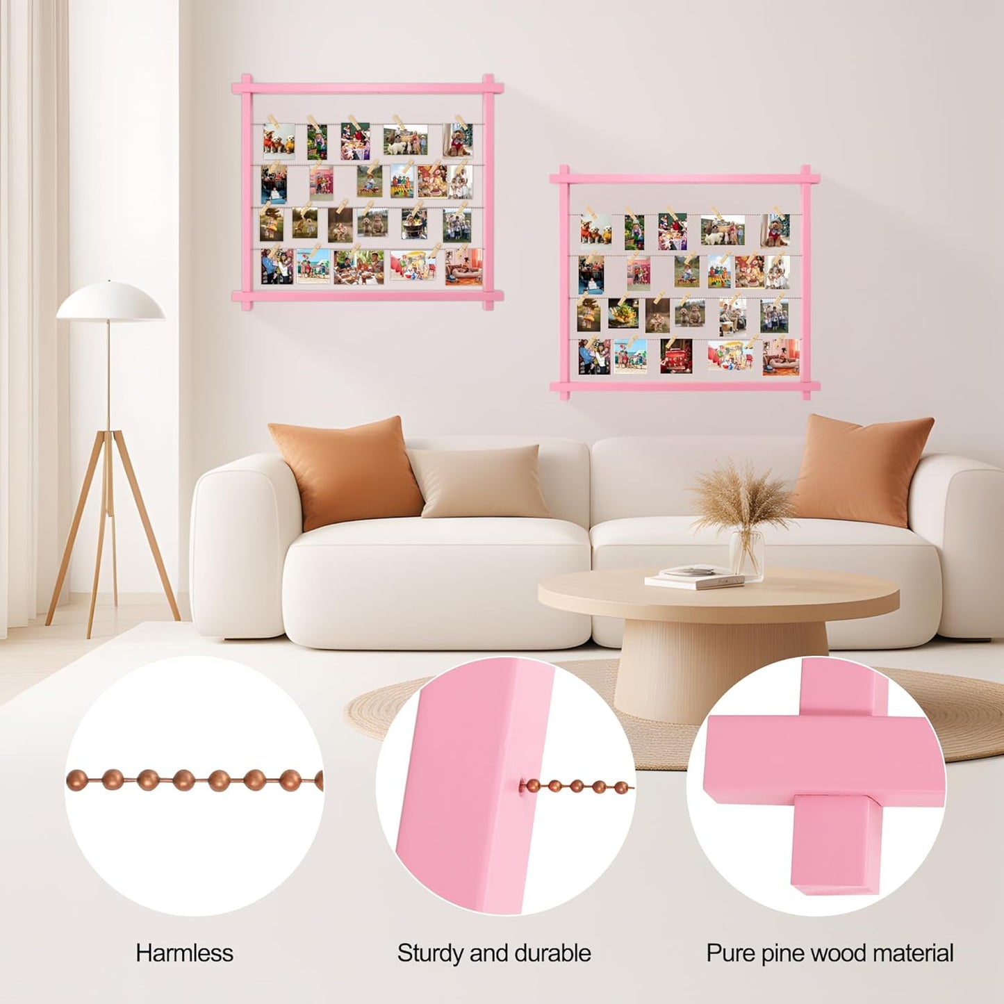 Collage Picture Frame for Nursery,Photo Display Board for Kids,Hanging Pictures Frames with Clips for Kid Graduation Birthday Party,Children Room Wall Decor,Upgraded,Easy To Assemble,Large(Pink)