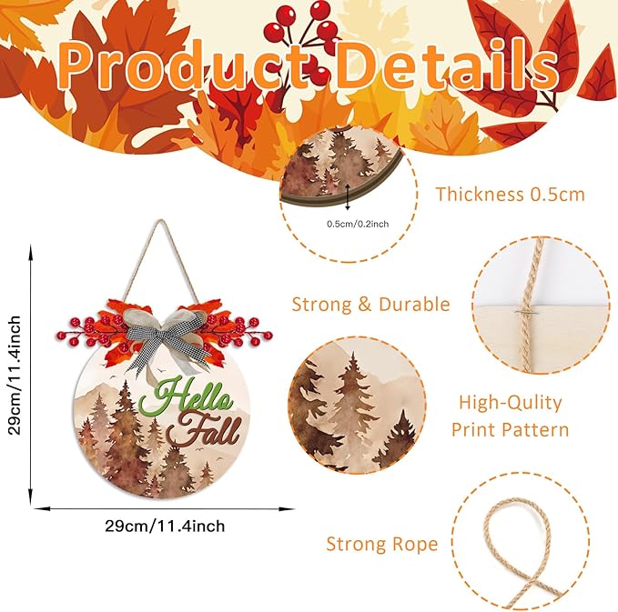 3D Hello Fall Door Sign,Fall Wreath for Front Door,Welcome Autumn Porch Sign,Thanksgiving Day Harvest Wall Decoration,Autumn Forest Maple Leaves Wood Decor for Home Farmhouse Yard Outdoor