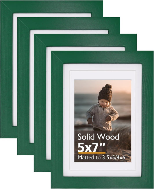 KINLINK 5x7 Picture Frames Green Wood Frames with Acrylic Plexiglass for 3.5x5/4x6 with Mat or 5x7 without Mat, Tabletop and Wall Mounting Display, Set of 4