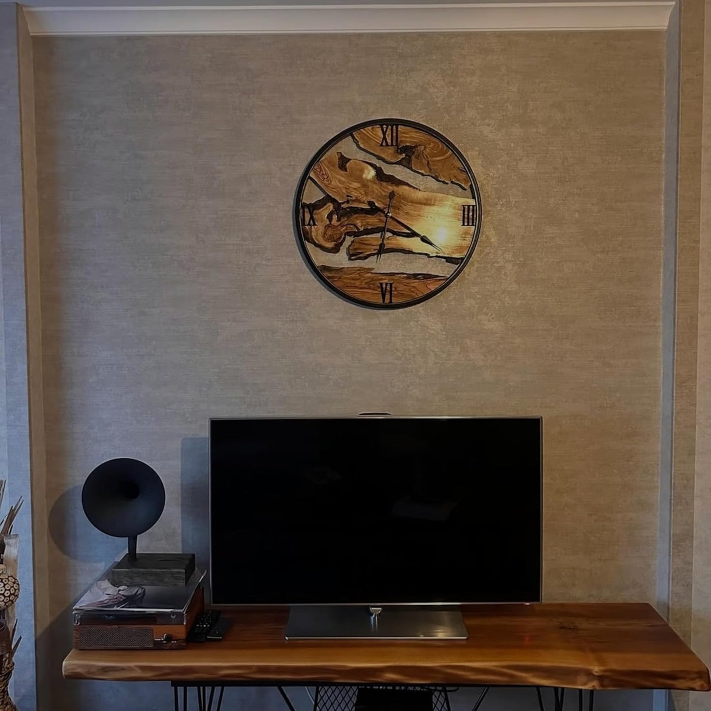 lagom Olive Wood Wall Clock – Large Handmade Silent Wooden Clock with Metal Frame, Rustic Wall Hanging Decor for Living Room, Bedroom, Office – Unique Gift for New Home (Olive Wood, 16 inches)