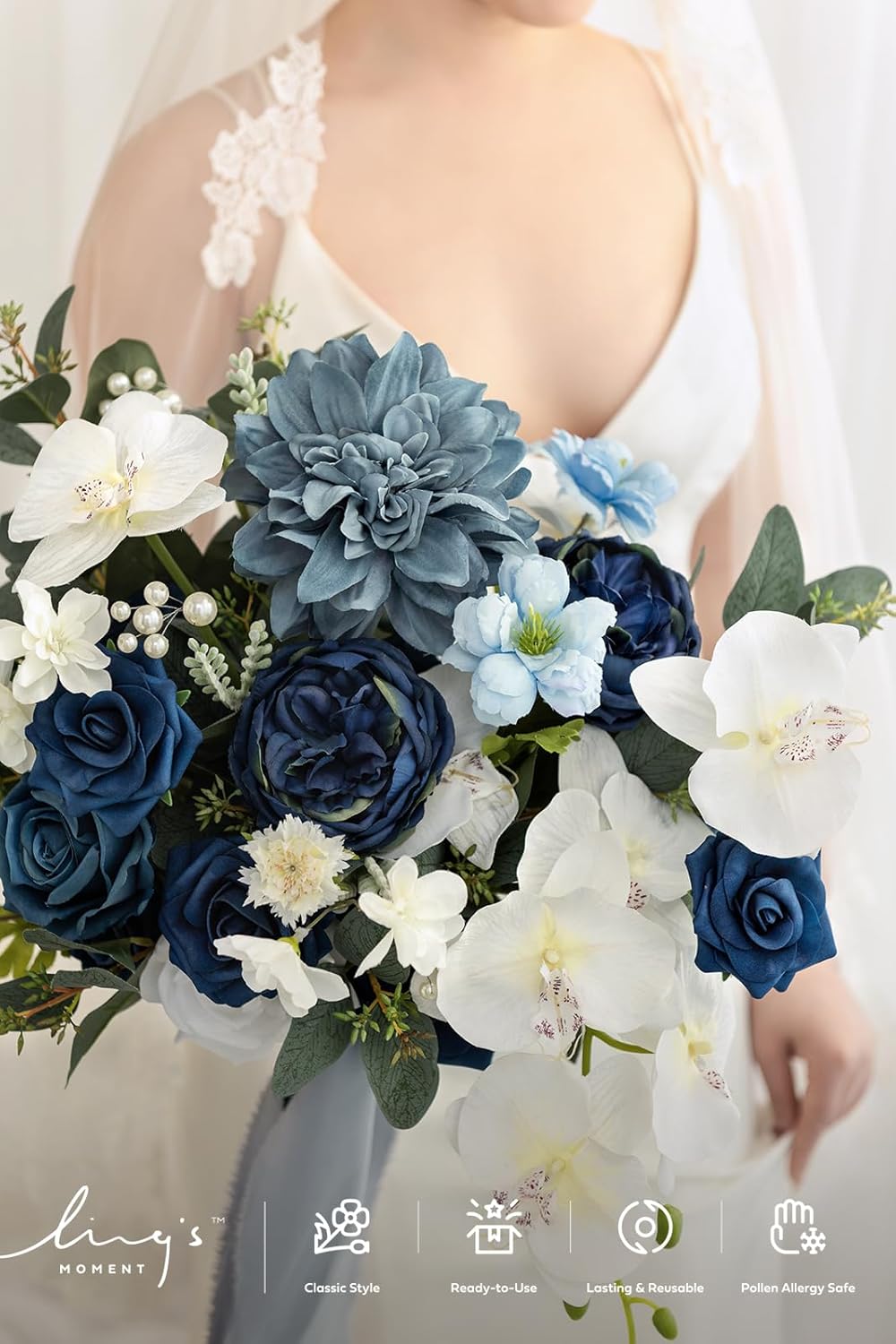 Ling's moment Navy Blue Bridal Bouquet, 13 Inch Wedding Bouquets for Bride, Silk Free Form Bridal Bouquets for Wedding, Ceremony, Anniversary, etc.