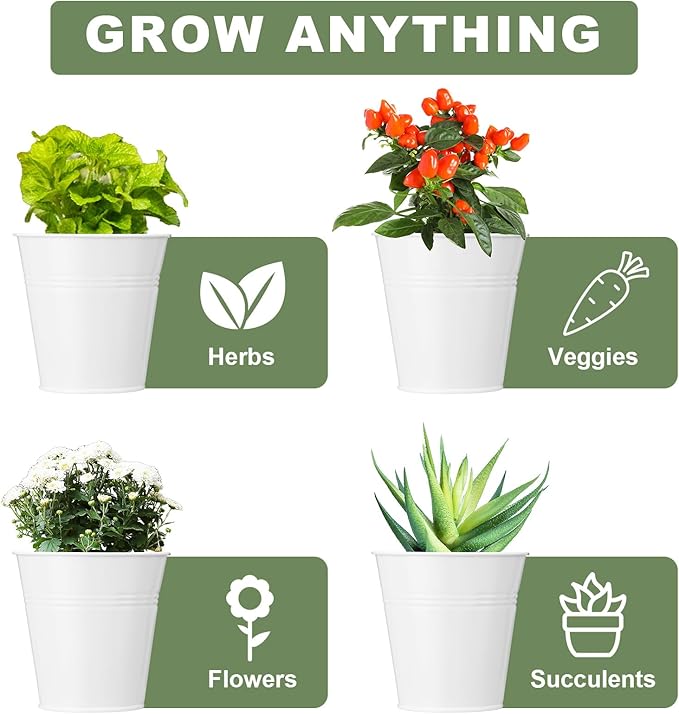 Hicarer 2 Sets Herb Planter with Tray Metal Herb Garden Planter with Drainage Farmhouse Windowsill Pots for Indoor Plants Flower Succulent Outdoor Kitchen Apartment Balcony Window (White)