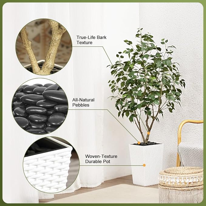 5FT Artificial Ficus Tree with White Taper Planter & Pebbles– Tall Faux Trees with UV Resistant Silk Leaves for Indoor Outdoor - Potted Fake Floor Plants for Home Office Room Decor, VN128