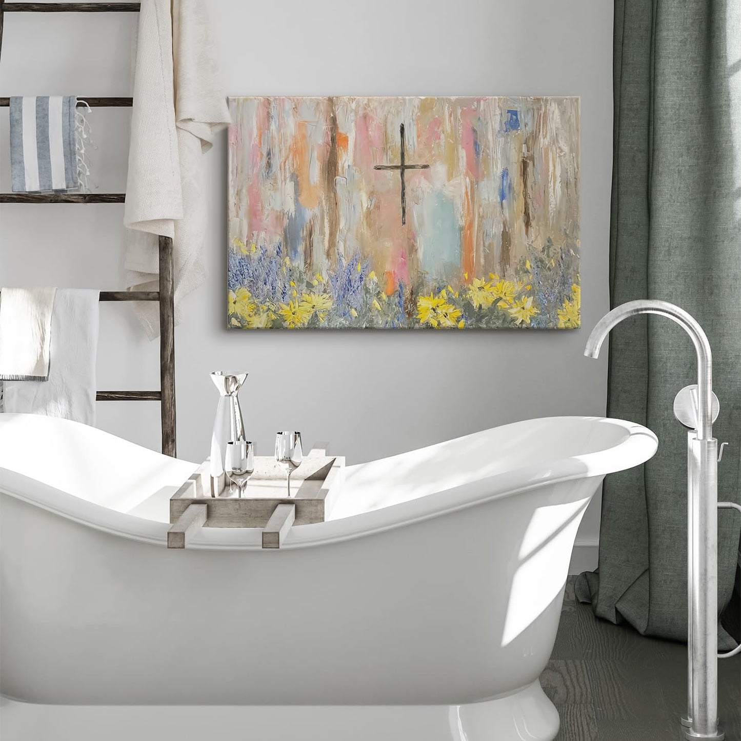 Framed Cross Flower Wall Art Christian Floral Oil Painting Canvas Prints Abstract Religious Posters Church Graffiti Pictures Wall Decor Ready To Hang (24x36in Framed)