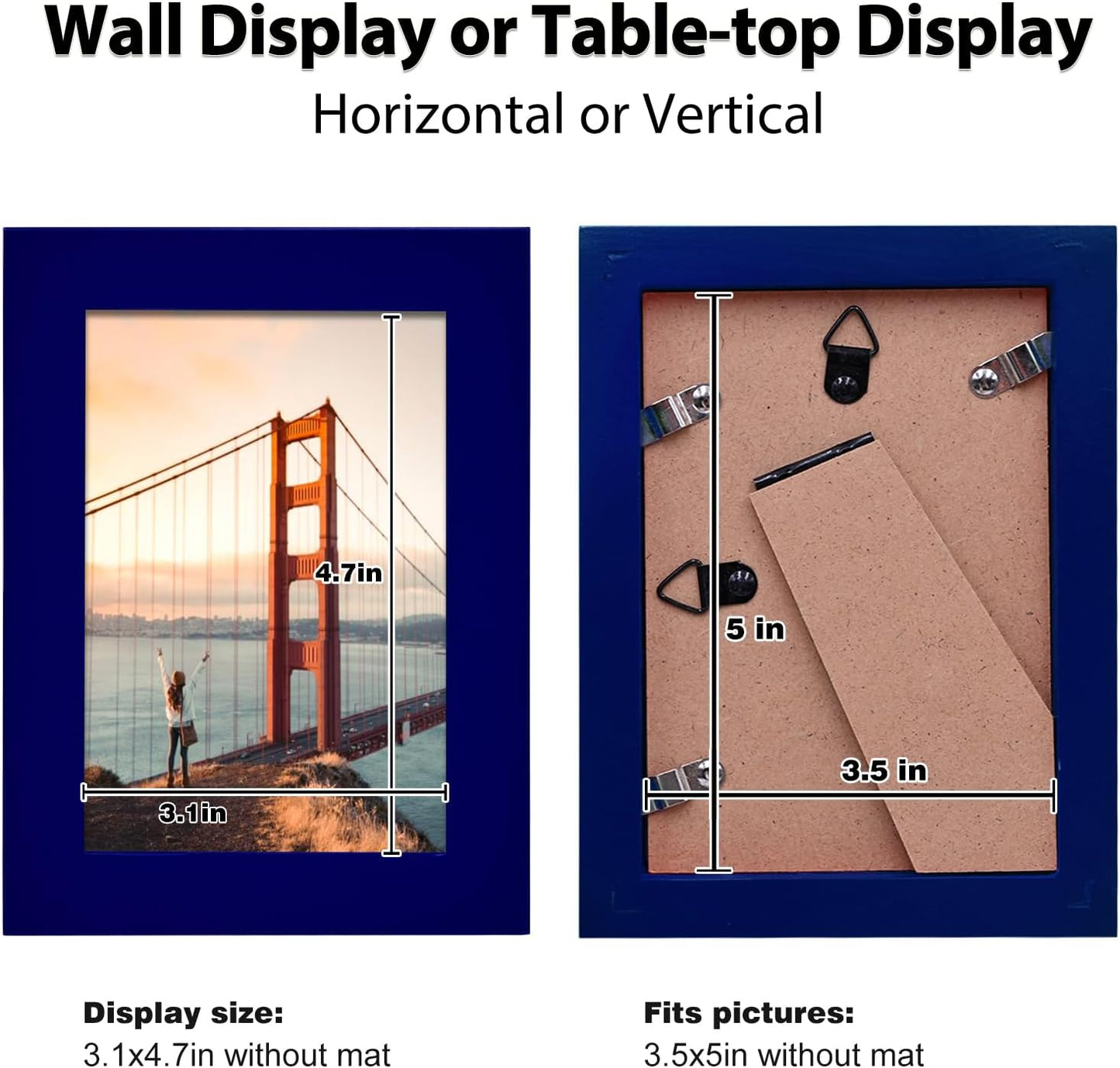 KINLINK 3.5x5 Picture Frames Navy, Solid Wood Frames with Plexiglass for Table Top and Wall Mounting, Photo Frames for Horizontal or Vertical Display, 4 Pack