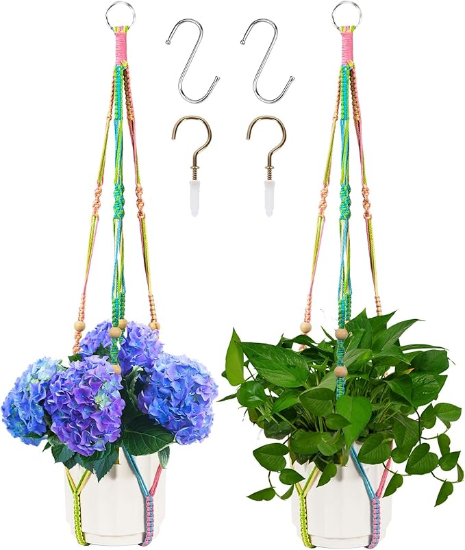 Macrame Plant Hanger, Hanging Planter Basket with Wood Beads, Decorative Boho Flower Pot Holder for Indoor and Outdoor, Rainbow, 35 Inch Set of 2 (POTS NOT Included)