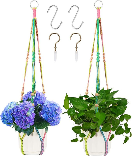 Macrame Plant Hanger, Hanging Planter Basket with Wood Beads, Decorative Boho Flower Pot Holder for Indoor and Outdoor, Rainbow, 35 Inch Set of 2 (POTS NOT Included)