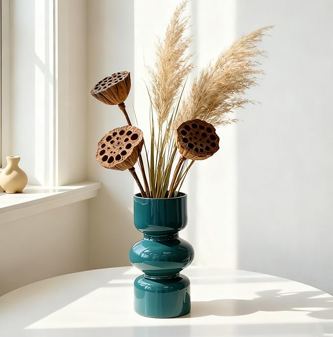 JSPYFITS Glass Hydroponic Flower Vase, 7 Inches Colored Glass Bubble Vase for Flower, Three-Layer Glassvase Funky Vase for Home/Office/Weddings/Party Table Flower Decor (Dark Green)