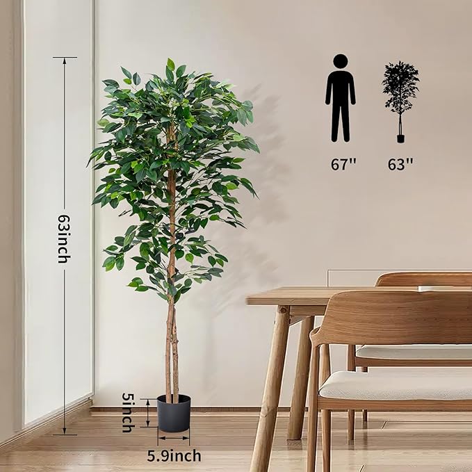 2Packs 5FT Artificial Ficus Trees with Realistic Leaves and Natural Trunk, Faux Ficus Tree with Sturdy Plastic Nursery Pot, Fake Ficus Tree for Office Home Farmhouse for Indoor Outdoor Decor