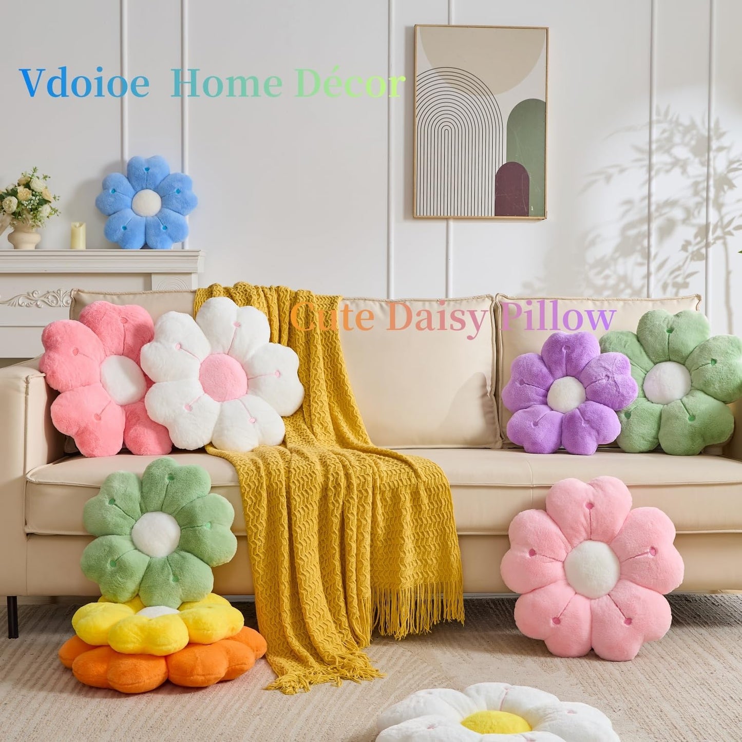 Flower Throw Pillow, Cute Daisy Cherry Blossom Flower Shaped Throw Pillow 15.7In White Floor Cushion for Home Bedroom Sofa Chair Couch Decor