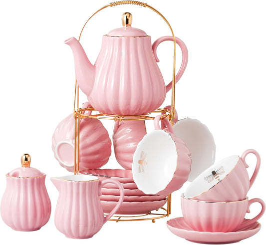 CLAY TONIC- 8 OZ Fine China Pink Coffee Cup/Teacup Set, Cups& Saucer, with Teapot-Sugar Bowl-Cream Pitcher Teaspoons and tea strainer for Tea/Coffee,24-Pieces- Service for 6 (Pink)