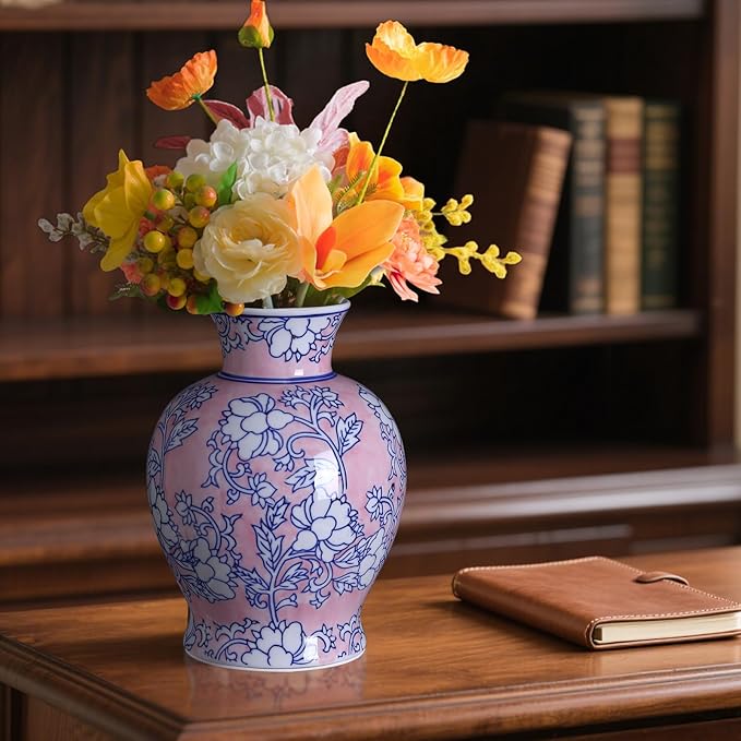 Vintage Chinoiserie Floral Ceramic Vase, Large Rustic Pottery Vases for Living Room, Entryway, Dining Table Centerpiece, Farmhouse Home Décor, Floor or Tabletop Flower Vase, (Pink)