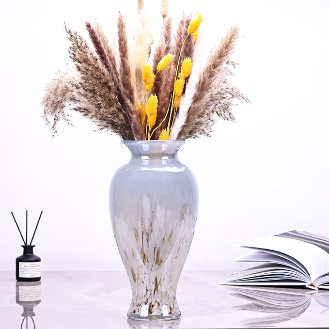 11.8" Tall Blown Blue Glass Vase, Colorful Opaque Glass Vase, Unique Design Wide Mouth Art Decoration for Home, Living Room, Dining Table, Pampas Grass Decor (Blue White)