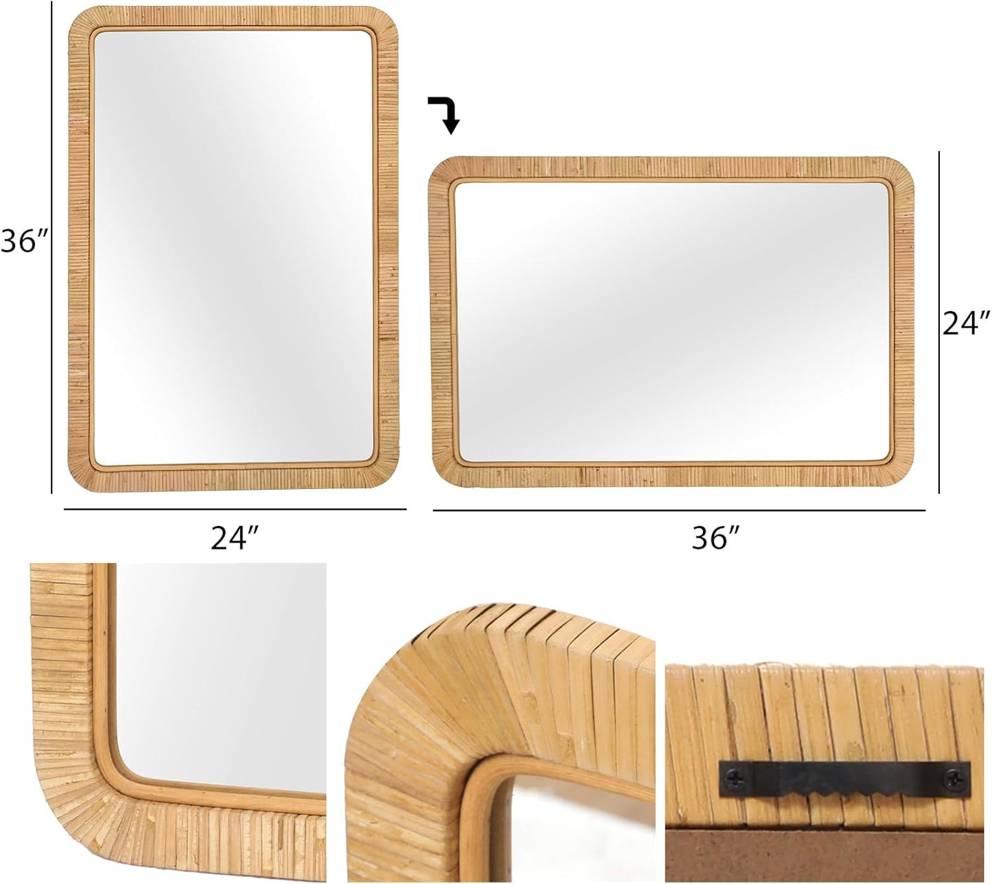 FUIN 24"x36" Rattan Wall Mirror, Natural Wicker Rectangle Bathroom Vanity Mirror, Hanging Boho Decorative Mirror for Farmhouse, Entryway, Bedroom, Living Room, Horizontal Vertical Mount