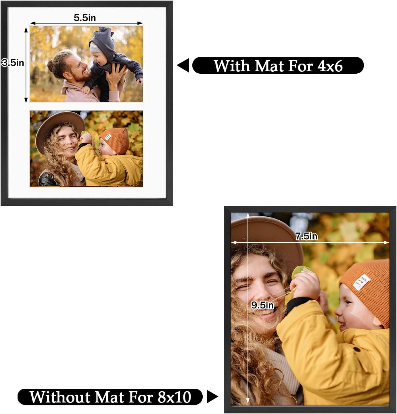 Frametory - 8x10 Aluminum Collage Picture Frame - Display 4x6 Pictures with 2 Openings Mat - Real Glass Front - With Easel Stand for Horizontal/Vertical Wall Mount - Black 1 Pack