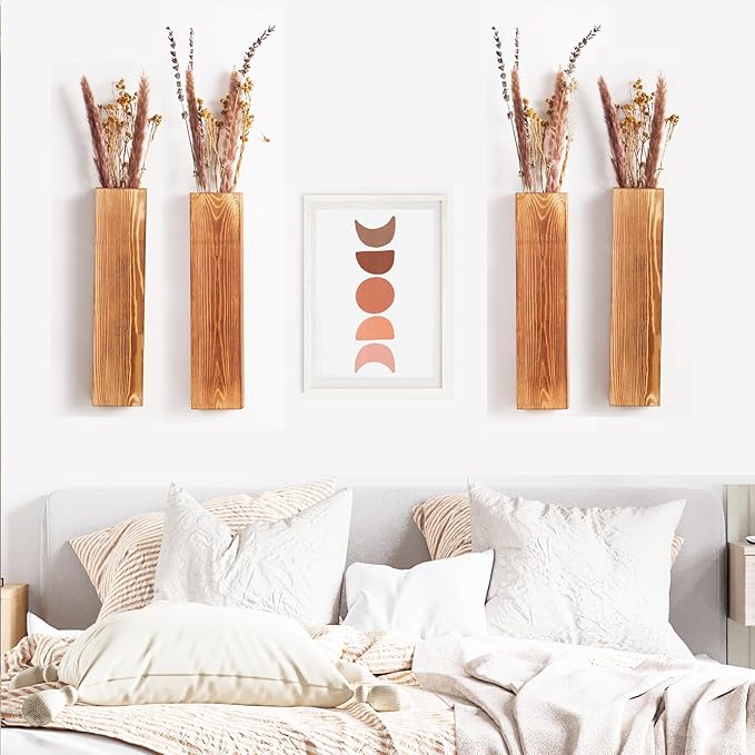 4-Pack Wood Wall Planters for Fake Plants and Dried Flowers Stems, 12" Slim Modern Wooden Vases Wall Decor for Living Room, Bedroom, Bathroom, Apartment