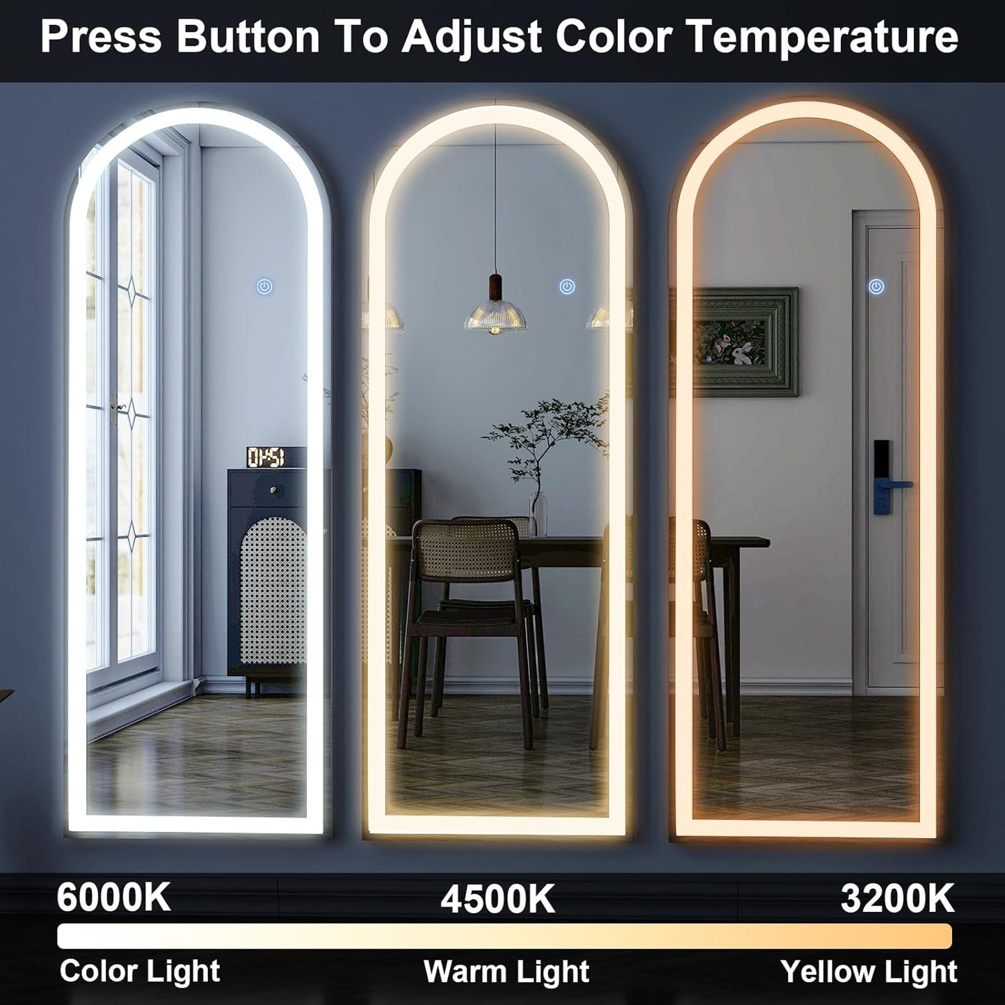 GLSLAND 20"x56" Arched LED Full Length Mirror with Lights – Wall Mounted or Standing Full Body Mirror for Bedroom/Cloakroom – Dimmable with 3 Color Lighting Modes