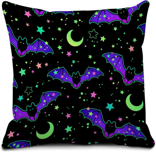 Decorative Throw Pillow Covers 18x18 Inch, Cute Home Decor for Living Room Outdoor Funny Pillowcase Polyester Cushion Case Purple Bat Stars