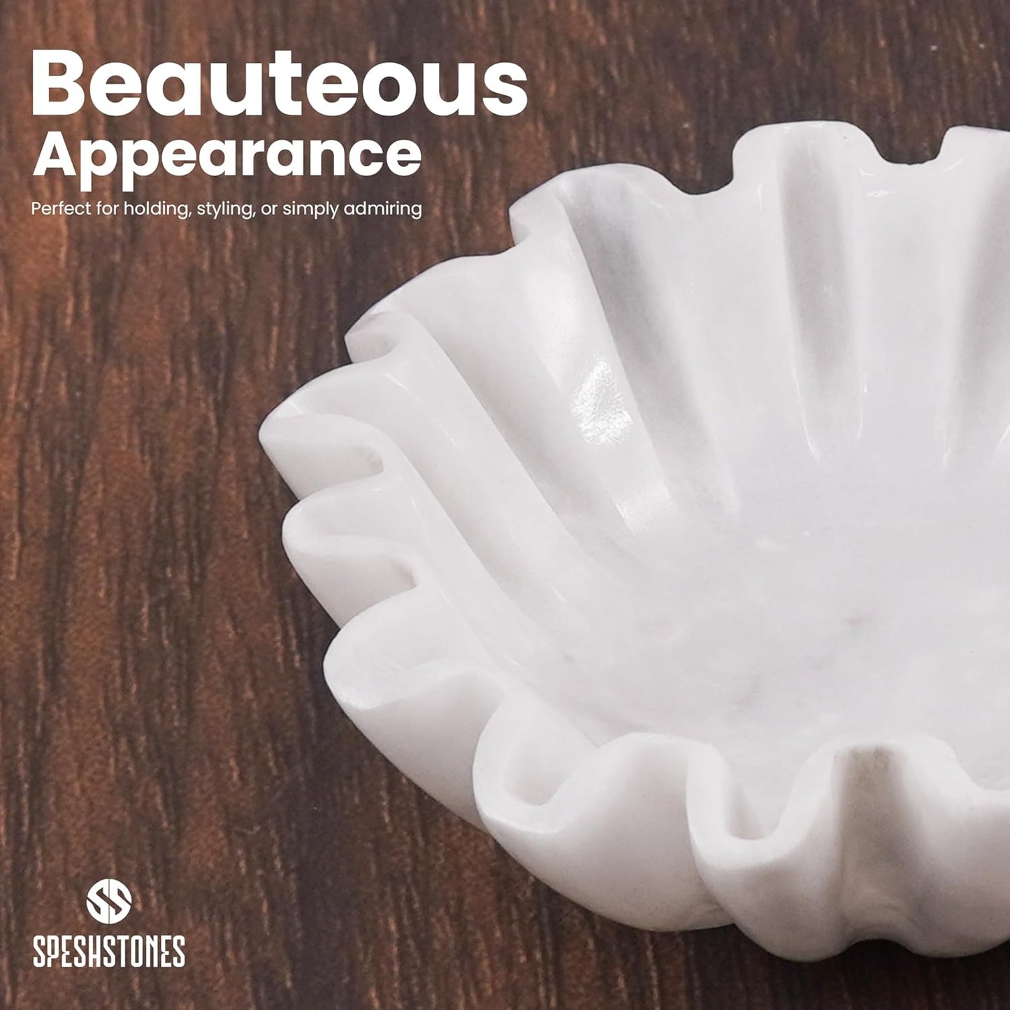 Marble Ruffle Bowl 6 Inch Handmade White Small Decorative Bowl for Modern Home Decor - Scalloped & Fluted Key Bowls for Entryway Tables & Coffee Table Decor