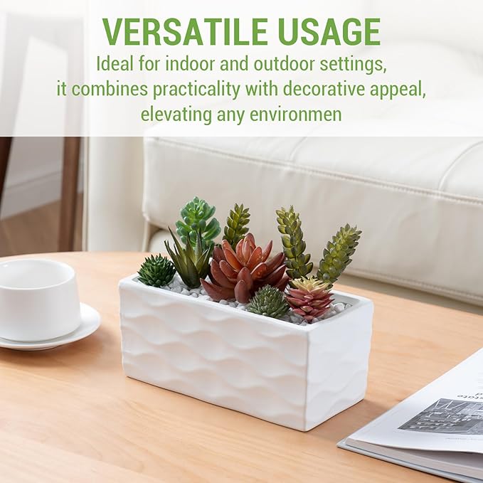 MyGift Modern Wave Pattern White Ceramic Rectangular Planter Pot - Decorative Indoor Flower Container for Home, Office, Patio, and Garden, 8-Inch