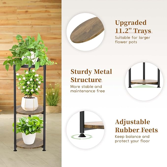 KMOTASUO 3 Tier Black Plant Stand Indoor for Large Tall Heavy Duty Planter, Multiple Sturdy Metal Flower Corner Rack for Narrow House Floor, Iron Vertical Level Round Orchi Holder Organizer, Modern