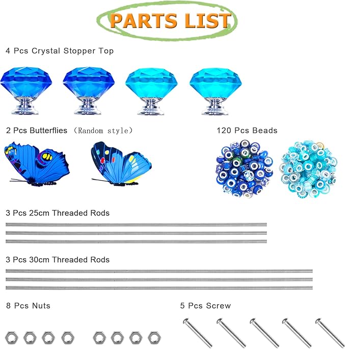 145 PCS Beaded Garden Stakes Kit, DIY Fairy Wand Garden Stake Beads Kits with Assortment Large Hole Beads 4 Crystal Stopper Top 2 Colored Butterfly Tops and Threaded Rods for Outdoor Indoor Decor