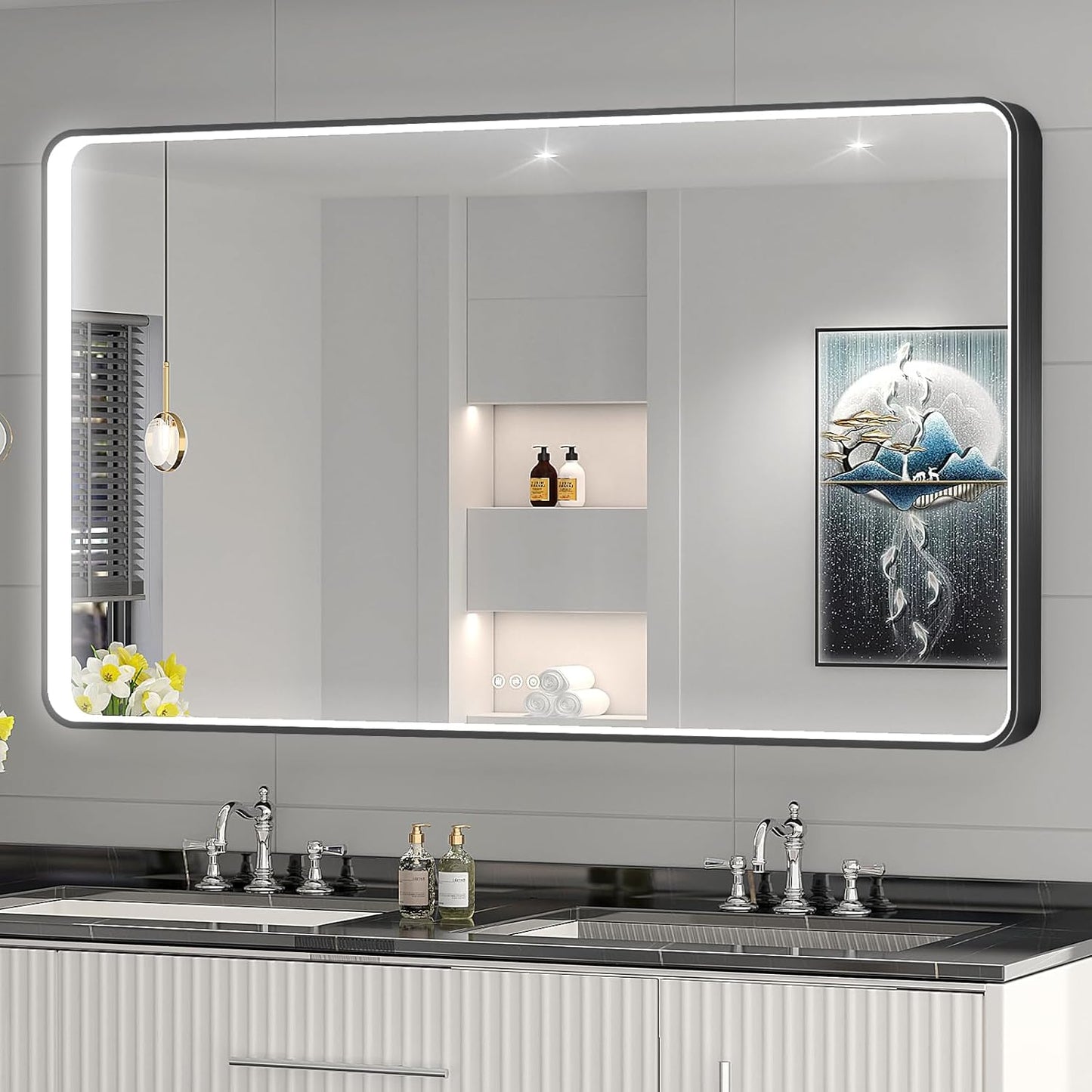 LED Mirror for Bathroom 55X32 Inch Black Framed with Anti-Fog, Stepless Dimmable, Front Lit, LED Bathroom Vanity Mirror for Wall, Memory Function, Shatter-Proof
