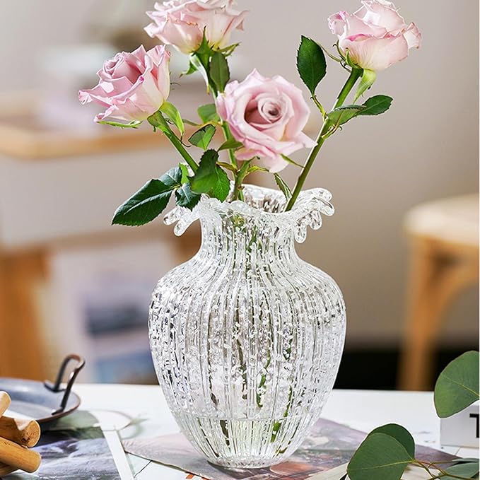 Handmade Glass Flower Vase Luminous Waves Mouth Decorative Vase Vintage Home Decor Rustic Farmhouse Decorations Living Room,Dining Room,Fireplace,Shelf