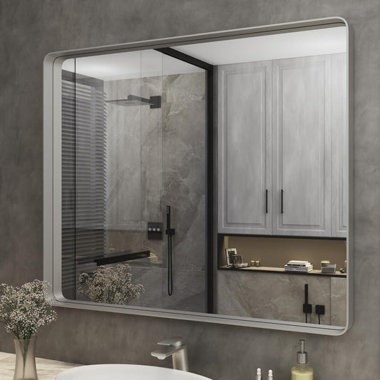 ISKM Silver Metal Framed Bathroom Mirror, 40 x 32 Inch Brushed Silver Vanity Mirror for Wall Round Corner Rectangle Modern Mirror Wall Mounted Hangs Horizontal or Vertical