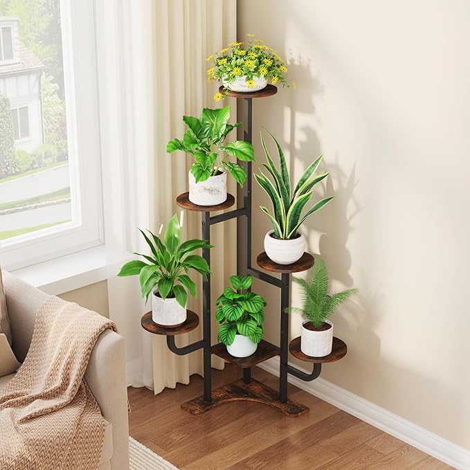 Corner Plant Stand with Grow Light - 6 Tier Plant Stand Indoor Round Metal Plant Shelf with Adjustable Light, Plant Organizer for Living Room, Graden, Home Decor (Brown)