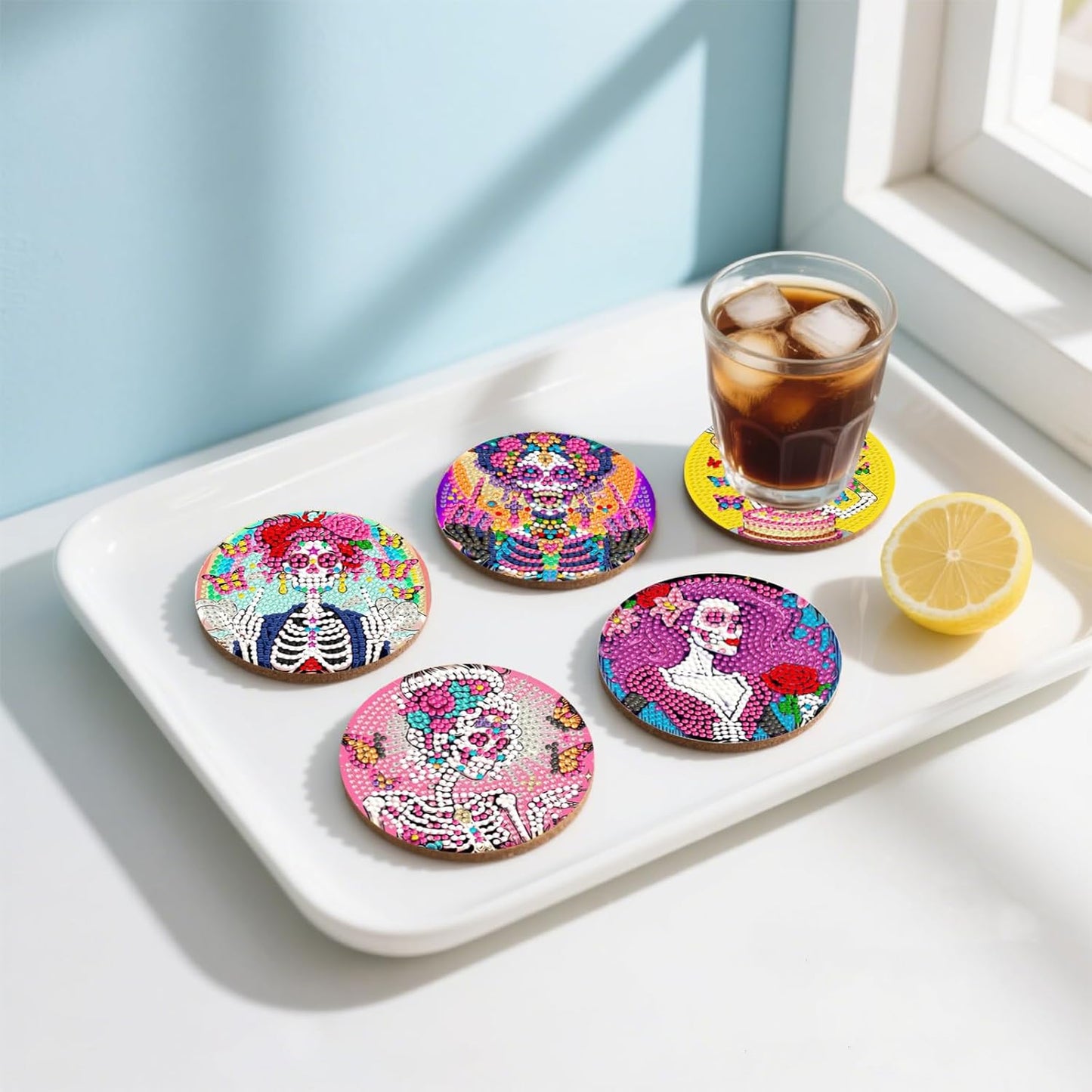 DOZEEZOP 8 PCS Skull Diamond Art Coasters Kit, Abstract 5D Diamond Painting Coasters with Holder, Fall Small Diamond Art Kits for Adults Beginners, Diamond Dots Arts and Crafts Supplies