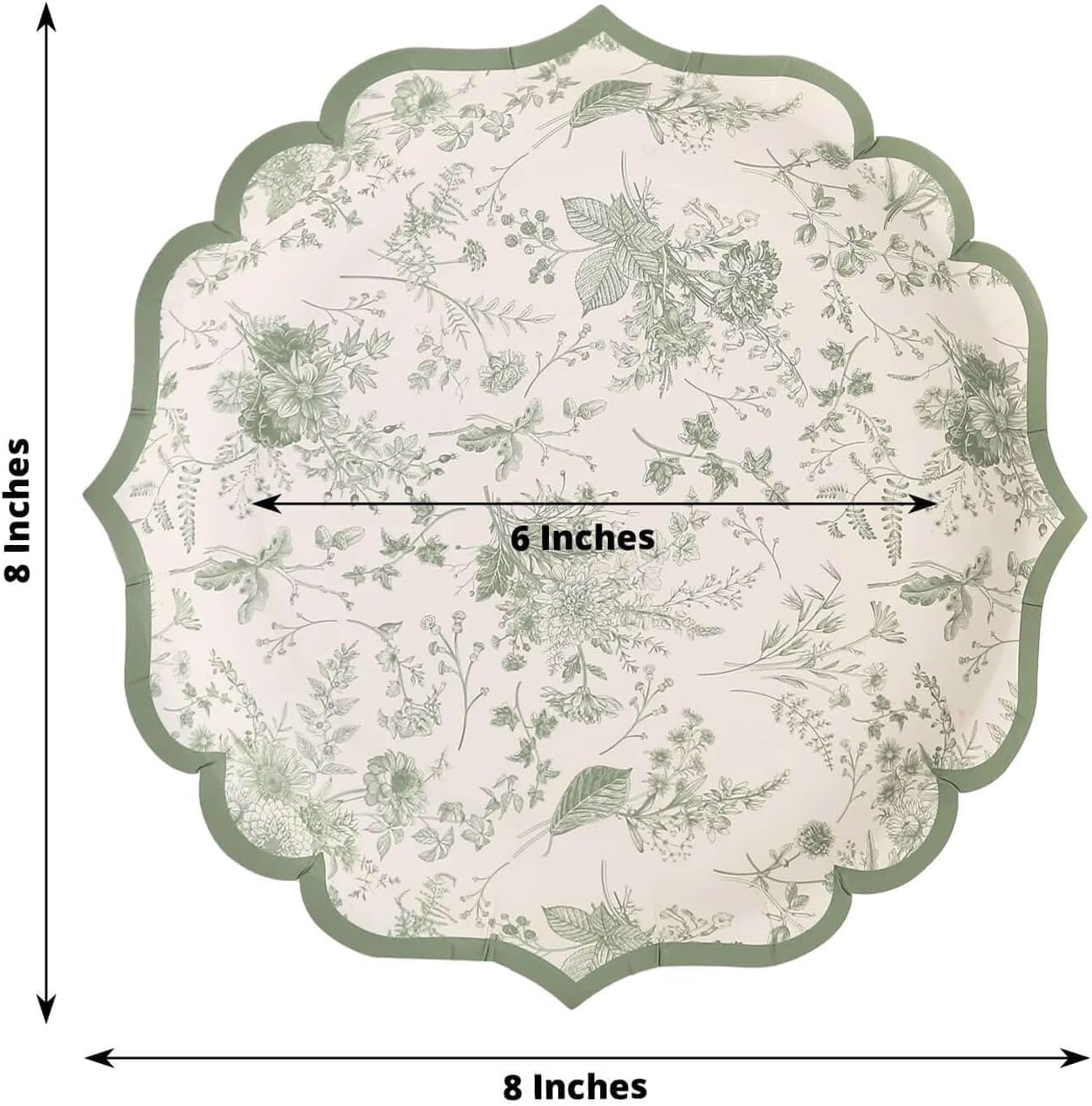 Efavormart 25 Pack White Sage Green Floral Leaf Print Dessert Paper Plates with Scalloped Rim, 8" Round Disposable Appetizer Salad Plates - 300GSM