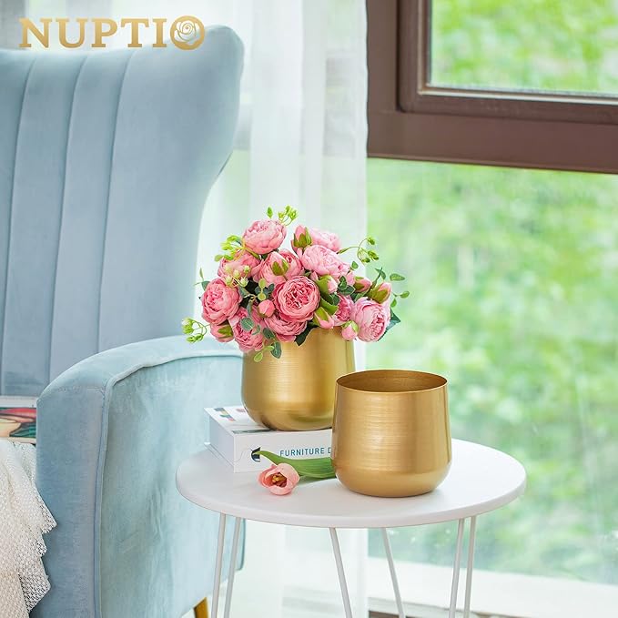 Nuptio 2 Pcs Plant Pot Gold Vase Metal Flower Pot Vase with Drainage Hole, Modern Storage Organizer Decorative Gifts for Wedding Indoor Outdoor Living Room Balcony Decoration Floor Display