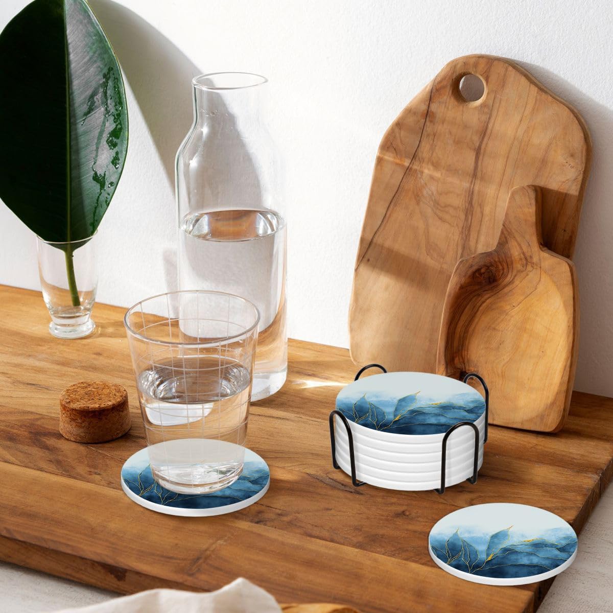 LOKMU Coasters for Drinks,Round Absorbent Ceramic Stone Coaster Sets of 6 with Metal Holder Stand,Blue Paint and Golden Shiny Veins Coasters with Cork Base for Coffee Wooden Table,Housewarming Gifts