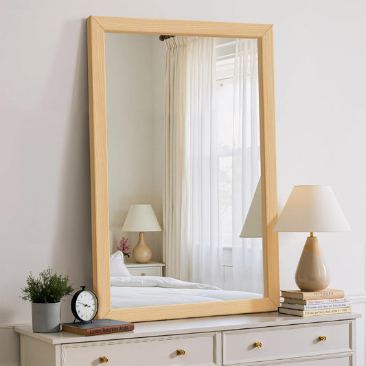 Delma Wall Mirror with Wooden Frame, 36x24 Farmhouse Wall Mounted Floor Mirror with Stand, Vertical Hanging, Leaning Standing for Bathroom,Bedroom, Living Room