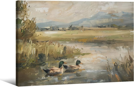Mallard Duck Pond Poster Animal Farmhouse Canvas Wall Art Vintage Duck Painting Oil Painting 12x16 inch Framed Bird Hunter Gift for Rustic Cabin Nursery Wall Decor