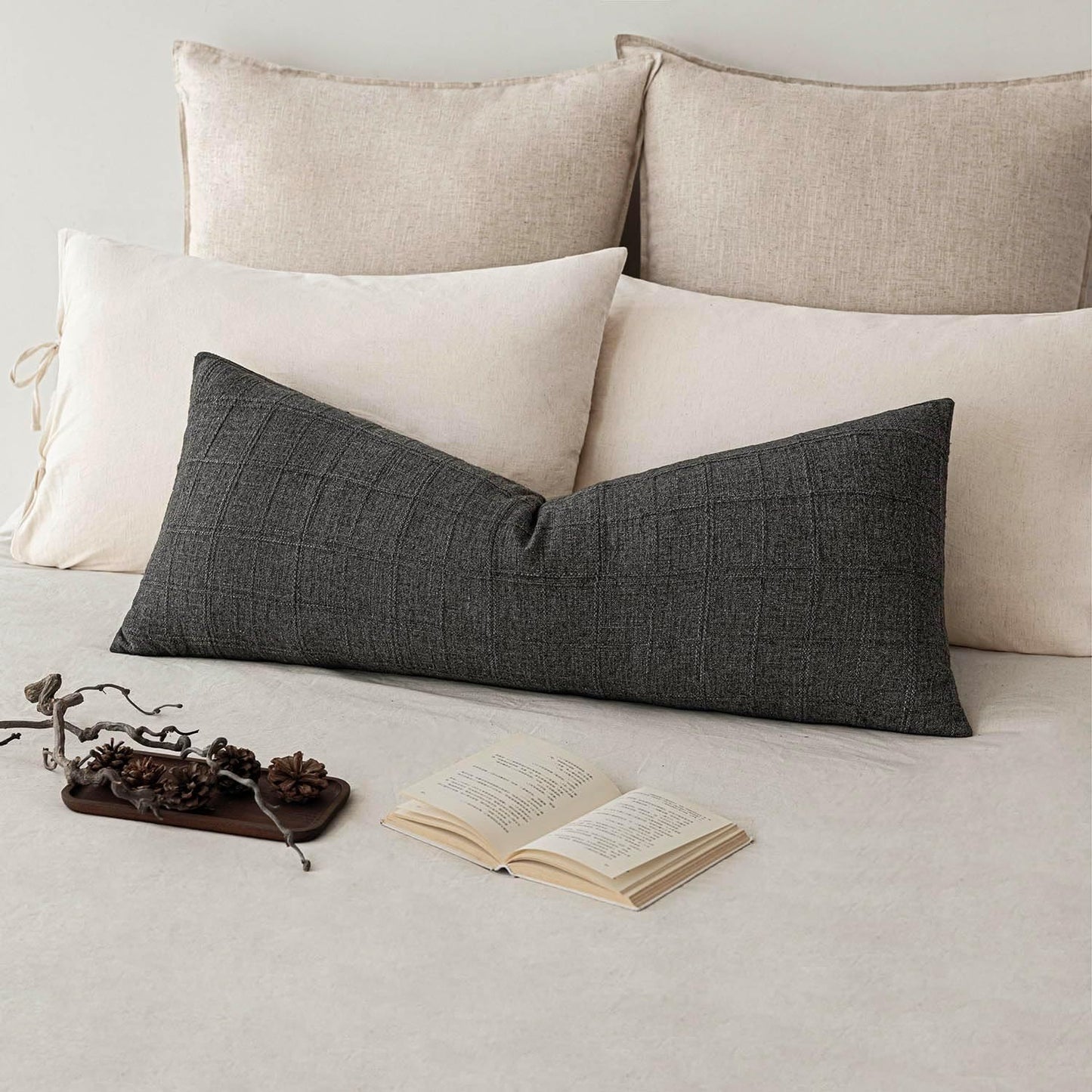 Foindtower Set of 2 Decorative Linen Check Throw Pillow Covers Neutral Long Body Lumbar Cushion Covers Farmhouse Vintage Home Decor for Sofa Chair Couch Bedroom Living Room,14×36 Inch,Charcoal