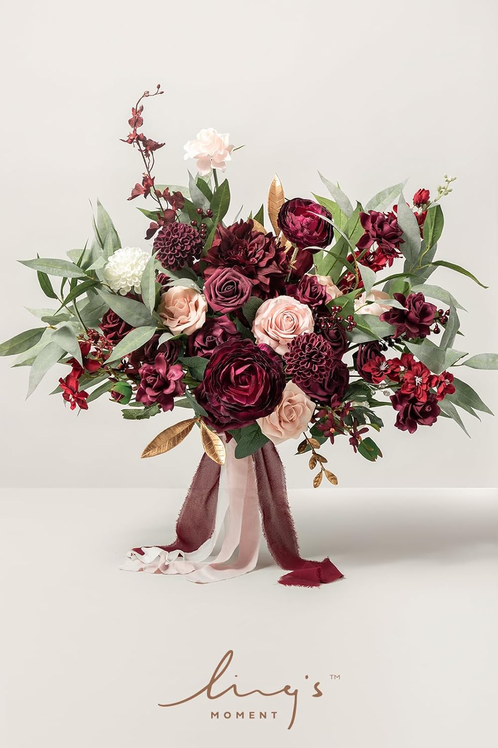 Ling's moment Red Wedding Bouquets for Bride, Burgundy and Blush Bridal Bouquets for Bride,17 Inch Free Form Artificial Wedding Flower Bouquet