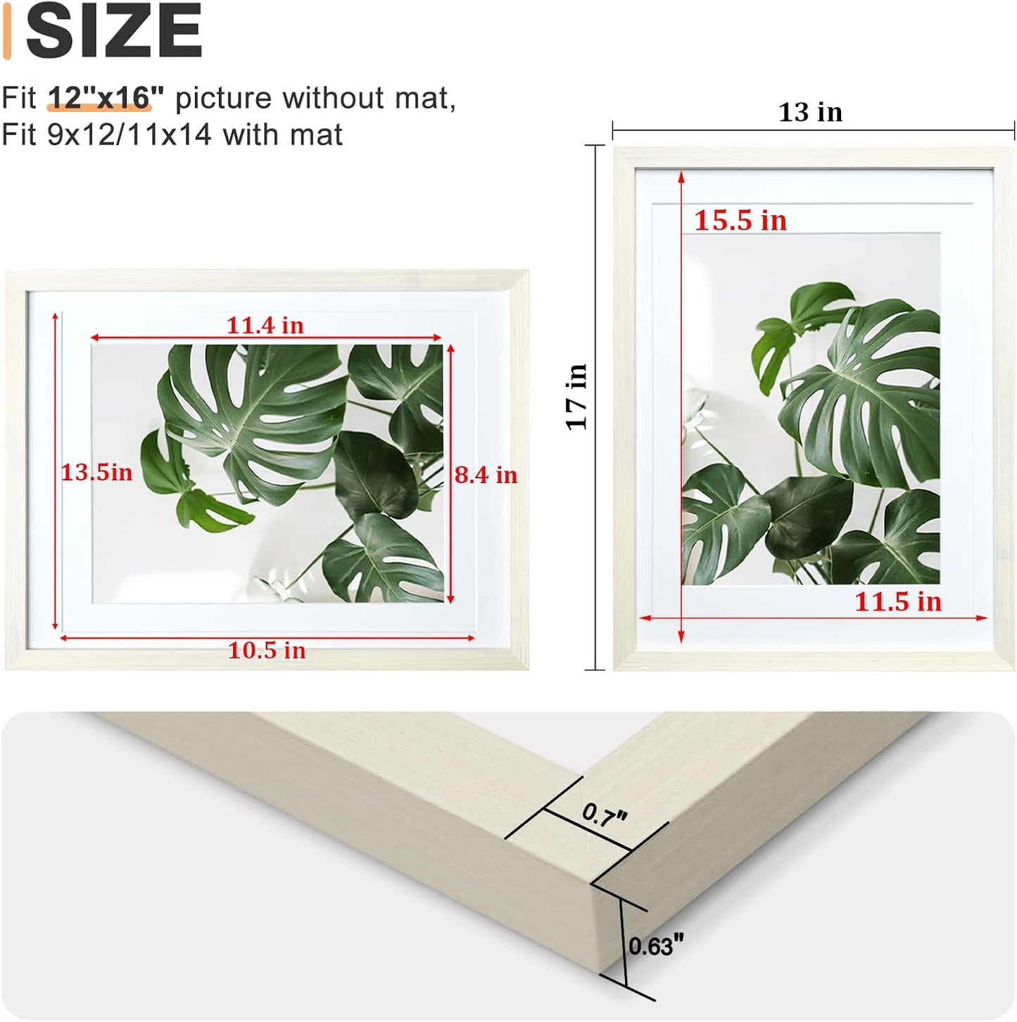 Egofine 12x16 Picture Frames Set of 4, Made of Solid Wood Covered by Plexiglass 9x12 and 11x14 with Mat or 12x16 without Mat, for Wall Mounting Photo Frame Beige