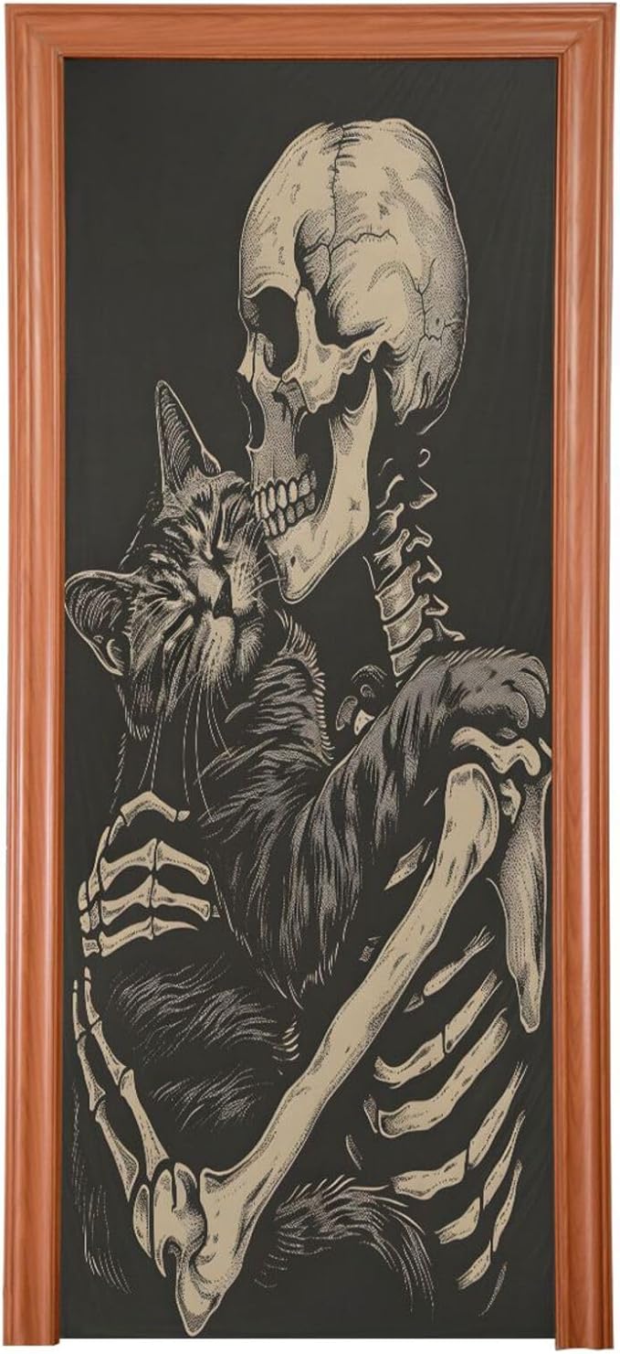 Halloween Door Cover Cat and Skeleton Skull Banner Decoration 79 * 35 inch for Front Doors Wall Party Decor