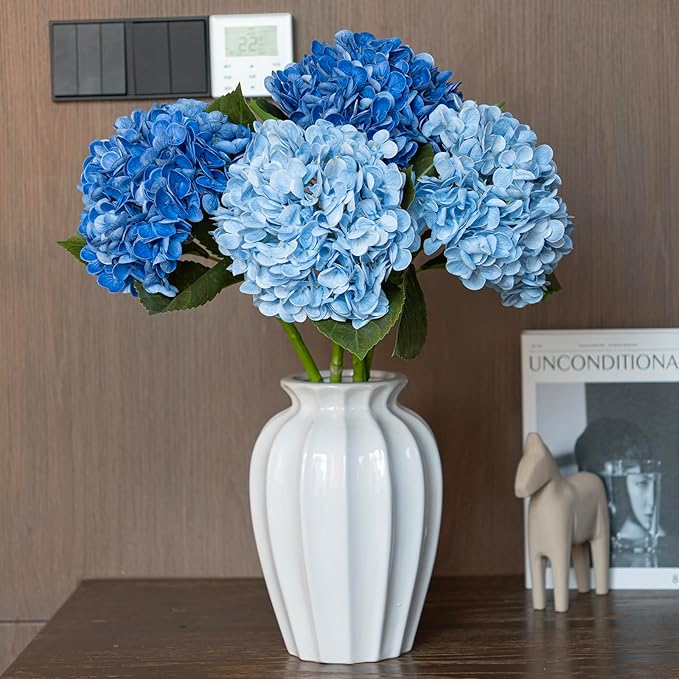 4Pcs 22 inch Lifelike Artificial Hydrangea, 2 Blue & 2 Dark Blue Large Real Touch Flowers Artificial Flowers Dry Flowers Outdoor Wedding Christmas Office Family Party Living Room Table Deco
