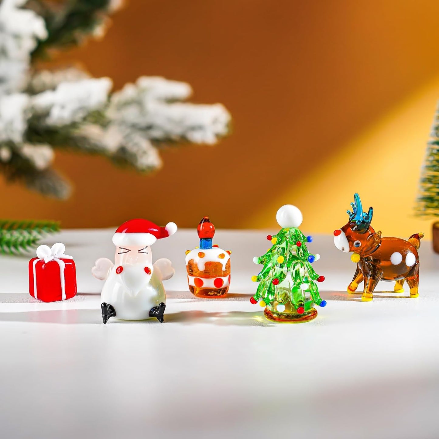 H&D HYALINE & DORA Set of 5 Blown Glass Christmas Figurines Miniature Christmas Holiday Figurines Handmade Christmas Ornaments Table Centerpiece for Home Decorations