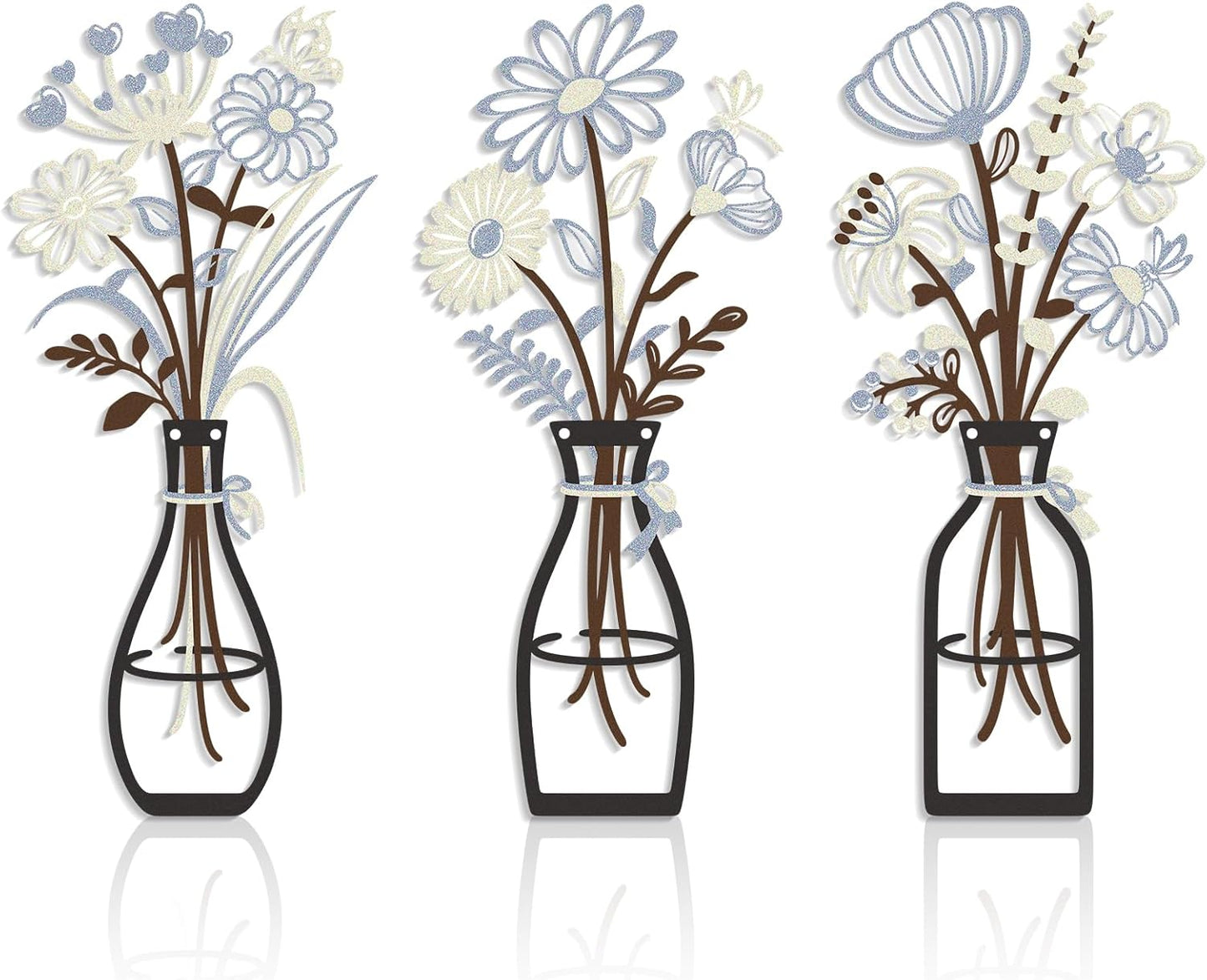 Iron Metal Vase Flower Wall Art Minimalist Black Floral Decor for Living Room Bedroom Kitchen, Office Garden - Modern Farmhouse Home Decor & Housewarming Gifts (Beige-Blue No Text)