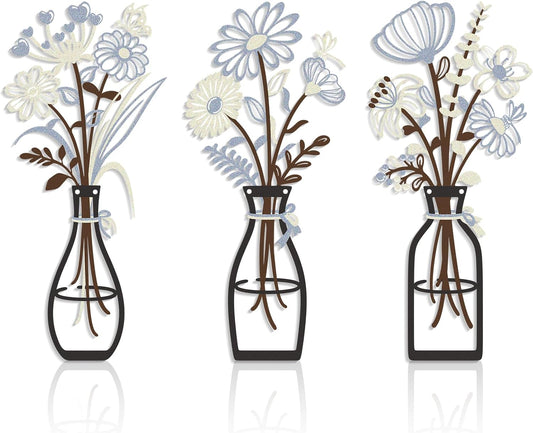 Iron Metal Vase Flower Wall Art Minimalist Black Floral Decor for Living Room Bedroom Kitchen, Office Garden - Modern Farmhouse Home Decor & Housewarming Gifts (Beige-Blue No Text)