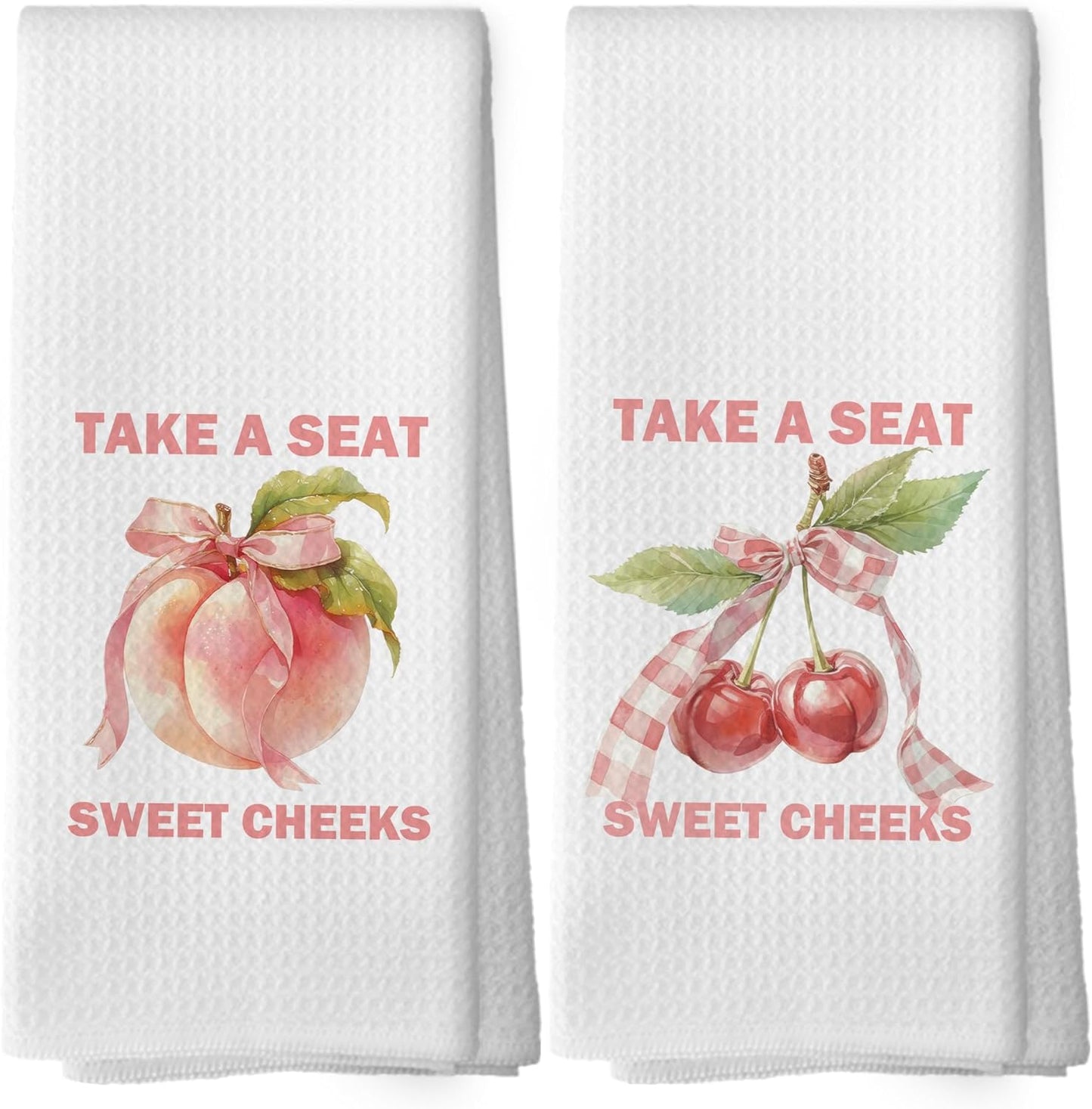 Funny Kitchen Towels - Humor Sarcastic Trendy Preppy Dish Towels, Coquette Retro Peach Cherry Decorative Absorbent Dishcloths Hand Towels Set of 2 for Kitchen Decor 16x24 Inches