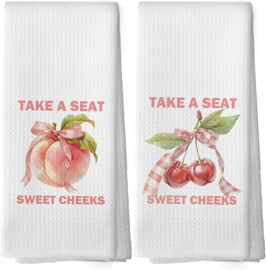 Funny Kitchen Towels - Humor Sarcastic Trendy Preppy Dish Towels, Coquette Retro Peach Cherry Decorative Absorbent Dishcloths Hand Towels Set of 2 for Kitchen Decor 16x24 Inches