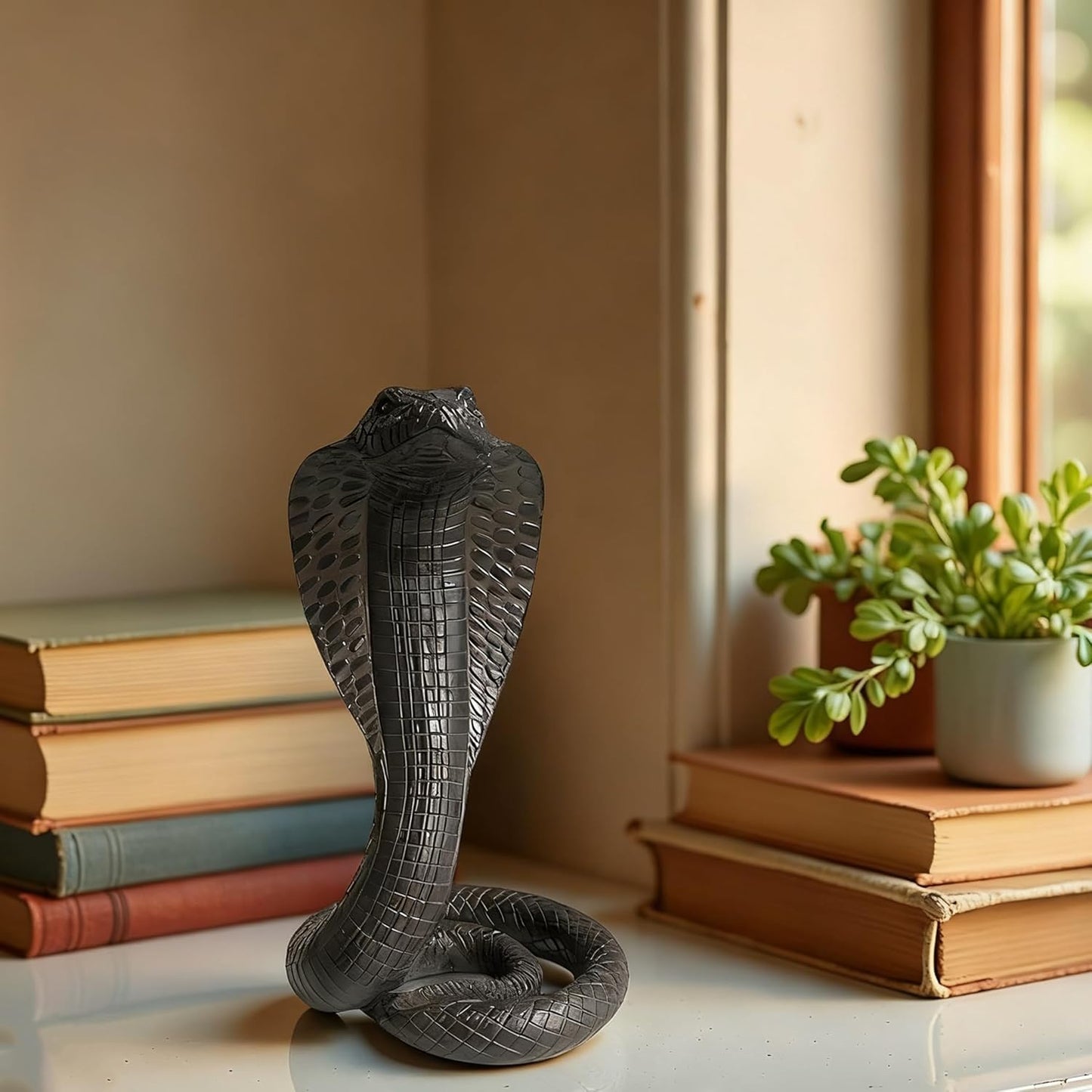 King Cobra Snake Statue Realistic Snake Resin Figurine Handcrafted, Indoor/Outdoor Animal Ornaments for Home Office Garden Yard Decor, Unique Gift for Collectors, Black