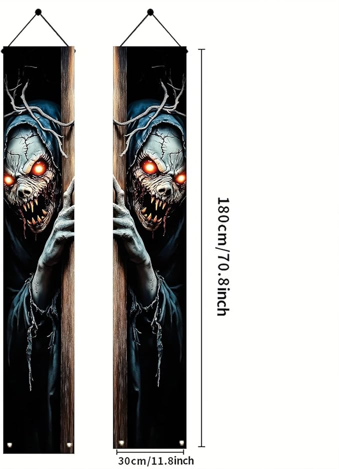 2PCS Halloween Porch Banner Scary Skeleton Demon Vertical Hanging Decorations for Front Door Outdoor Horror Welcome Door Sign Spooky Party Decor Haunted House Entrance Backdrop 71 x 12 Inch