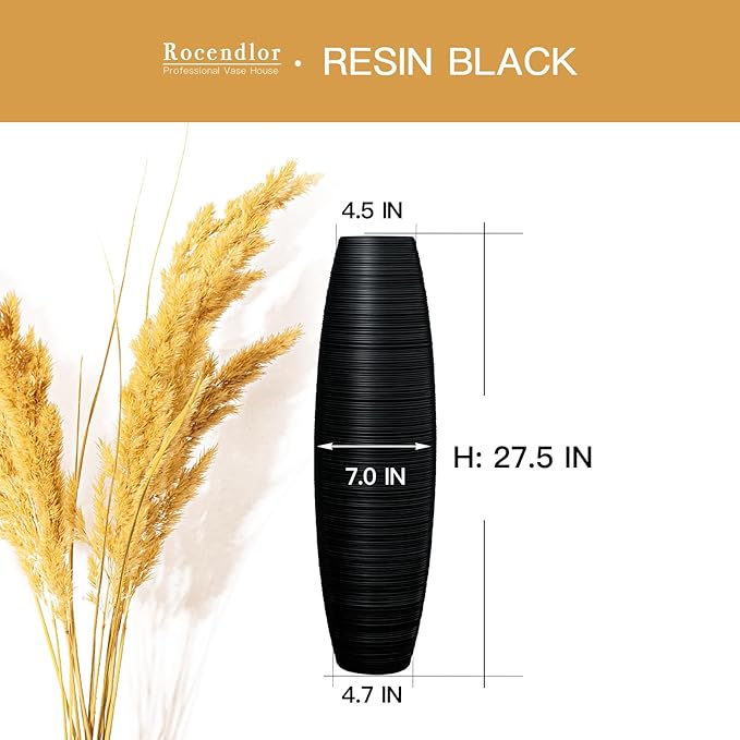 Tall Floor Vase, 27.5 inches (70cm, 2.3FT) Floor Vase Sturdy, Luxury, Textured for Decorative Branches Dried Flowers, Tall Vases for Rustic Living Room, Home Decor, Resin Black Vases