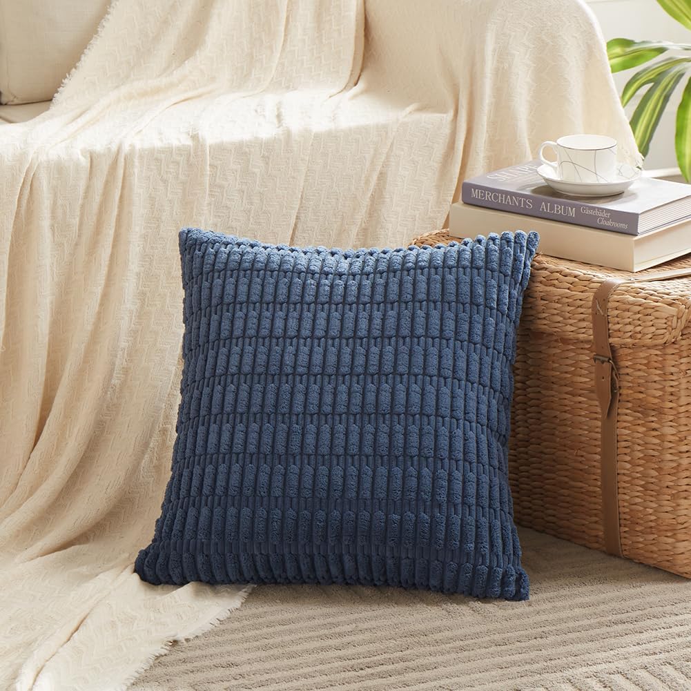Fancy Homi 4 Packs Dusty Blue Decorative Throw Pillow Covers 24x24 Inch for Living Room Couch Bed Sofa, Rustic Farmhouse Boho Home Decor, Soft Plush Striped Corduroy Square Cushion Case 60x60 cm
